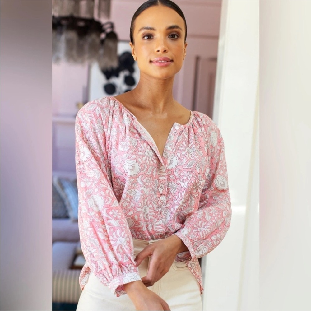 Emerson Fry India Collection sz S Frances Blouse Devina Flowers Pink Organic
